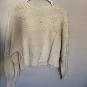Ivory Crew Neck Cropped Sweater with Embroidered Details